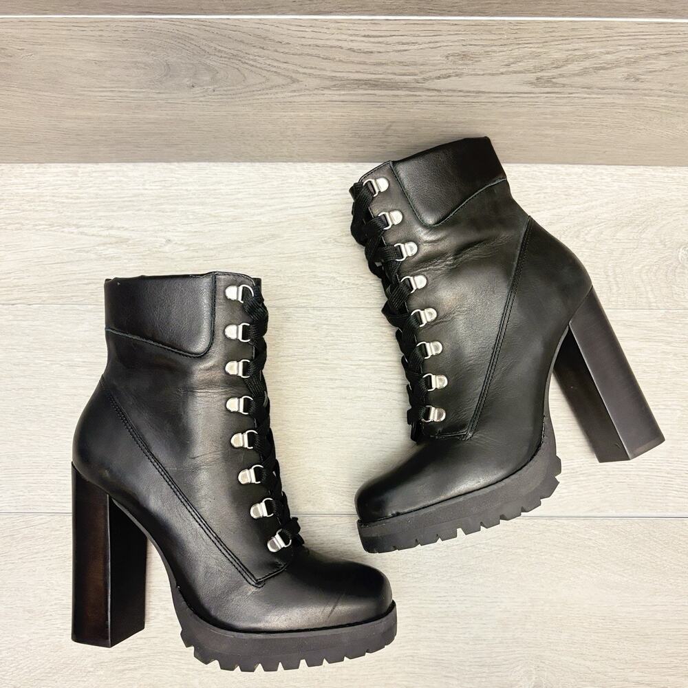 Steve Madden Platform Moto Boots Black Leather Lace Up Lug Sole High Heel Boots